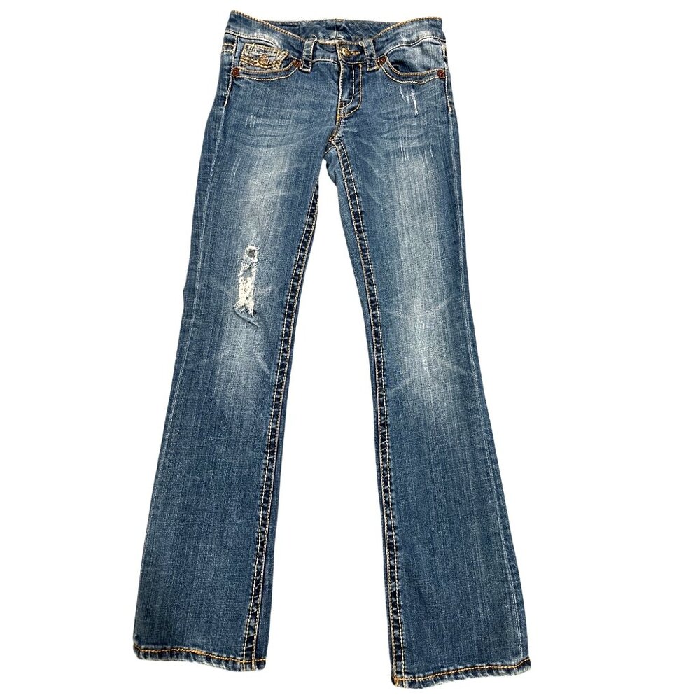 Seven7 Bootcut Size 27 Blue Denim Contrast Stitching Embroidered Pockets Distres
